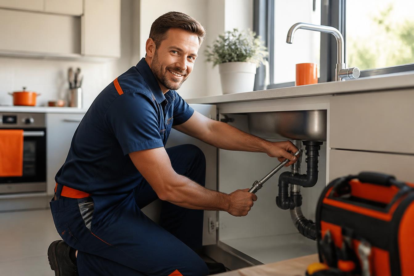 Professional The Plumbing Wizard technician repairing a kitchen faucet
